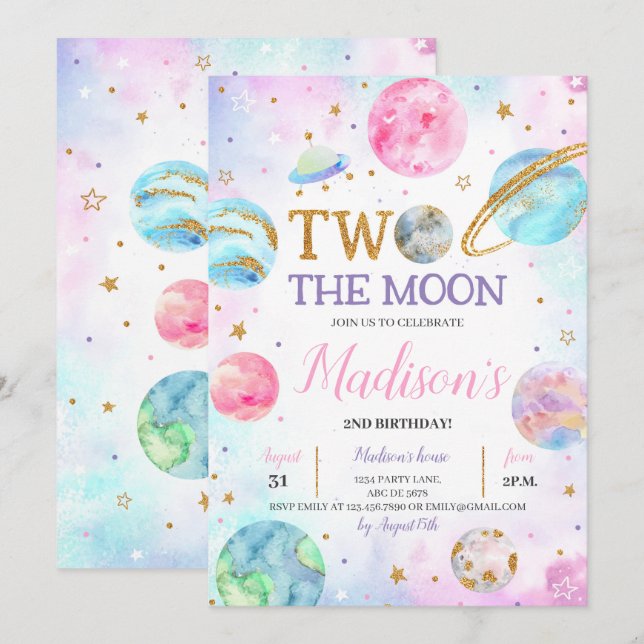Invitación Chica Dos El Cumpleaños Del Espacio De La Luna (Anverso / Reverso)