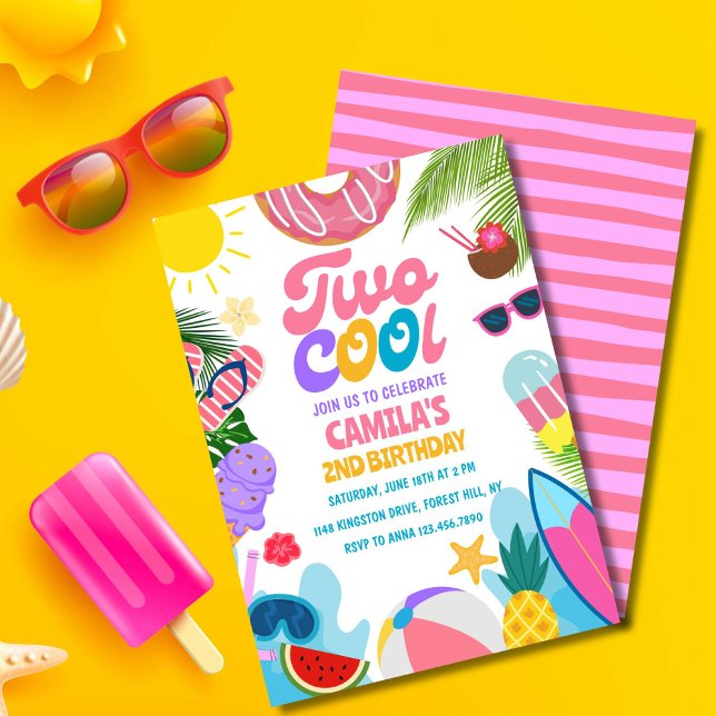 Invitación Chica dos Guay Pool Fiesta Beach 2º cumpleaños (Pink "Two Cool" birthday invite for girls with sun, waves, and cute beach vibes!)