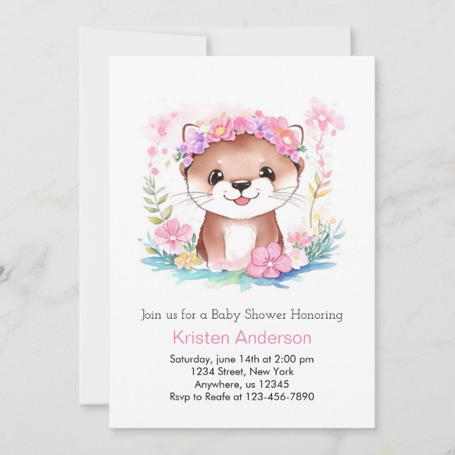Invitación Chica Dreamscape Baby Shower de Pink Floral Otter (Anverso)