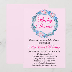 Invitación Chica Ducha Bebé Corona Floral Rosa y Azul Femenin