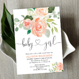 Invitación Chica ducha de bebé acuarelas florales color meloc