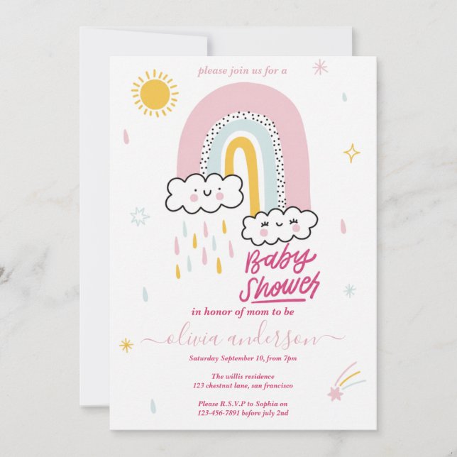 Invitación Chica Ducha de Bebé Arcoíris Adorable (Anverso)