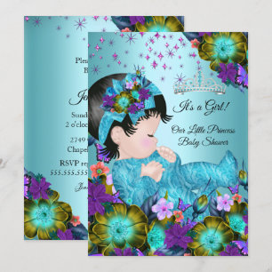 Invitación Chica Ducha de Bebé Azul Teal Púrpura Floral