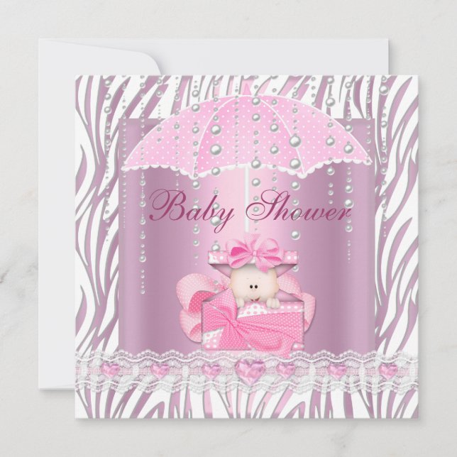 Invitación Chica ducha de bebé cebra Paraguas rosa bebé Blanc (Anverso)