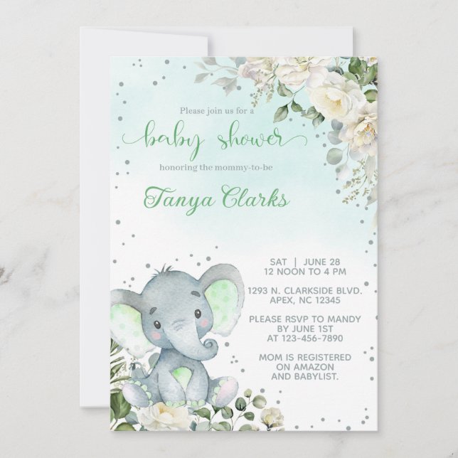 Invitación Chica ducha de bebé elefante bebé y flores verdes. (Anverso)