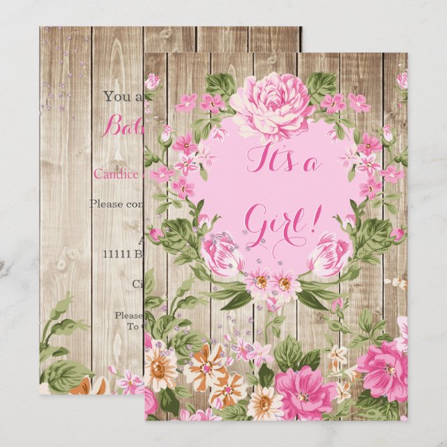 Invitación Chica ducha de bebé floral rosa madera rústica (Anverso / Reverso)