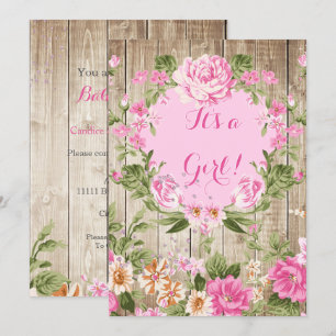 Invitación Chica ducha de bebé floral rosa madera rústica