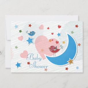 Invitación Chica Ducha de Bebé Luna y Estrellas Pajaritos Lin