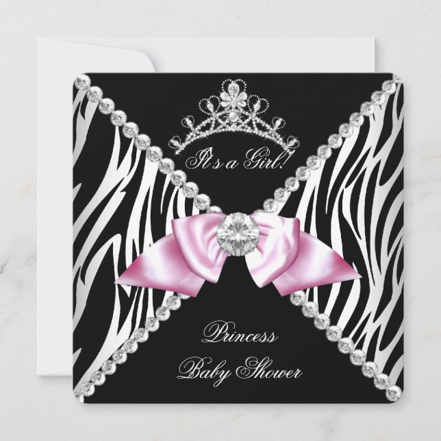 Invitación Chica ducha de bebé Princesa Arco Rosa Cebra Negra (Anverso)