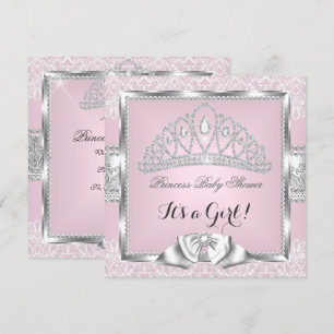 Invitación Chica ducha de bebé princesa encaje rosa plata 3