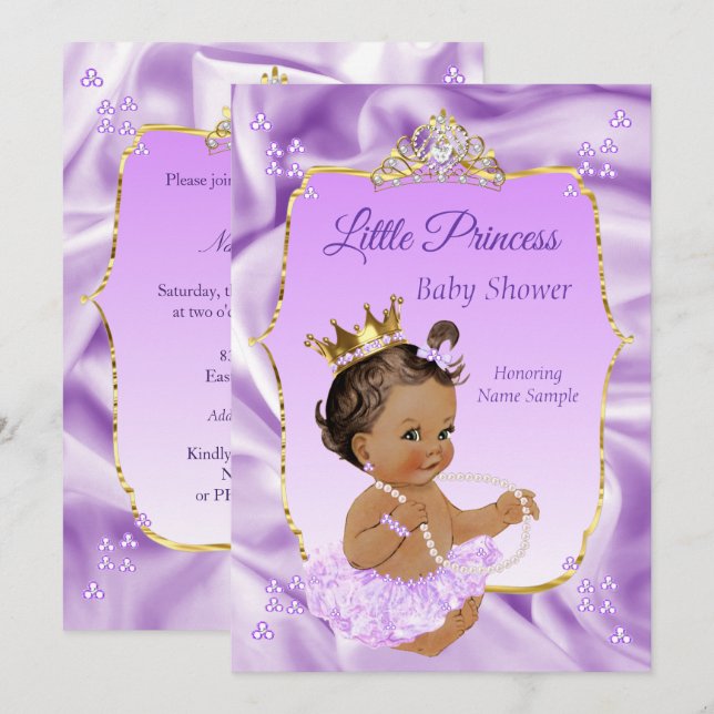 Invitación Chica ducha de bebé Princesa Oro Lila morena oscur (Anverso / Reverso)