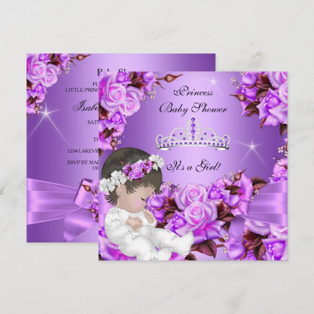 Invitación Chica ducha de bebé princesa rosa púrpura arco 3 (Anverso / Reverso)