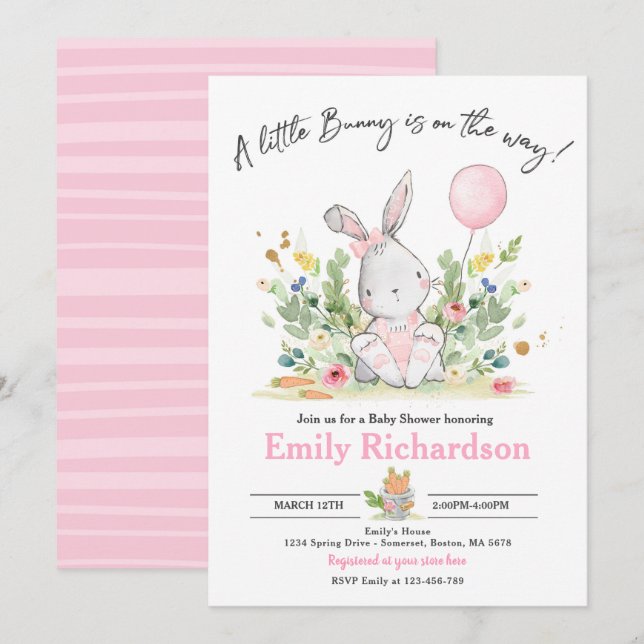 Invitación Chica dulce color agua conejita Baby Shower rosa (Anverso / Reverso)