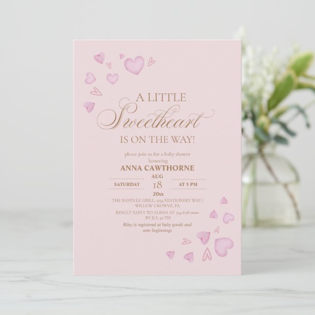Invitación Chica Dulce Corazones Rosa Baby Shower (Anverso de pie)