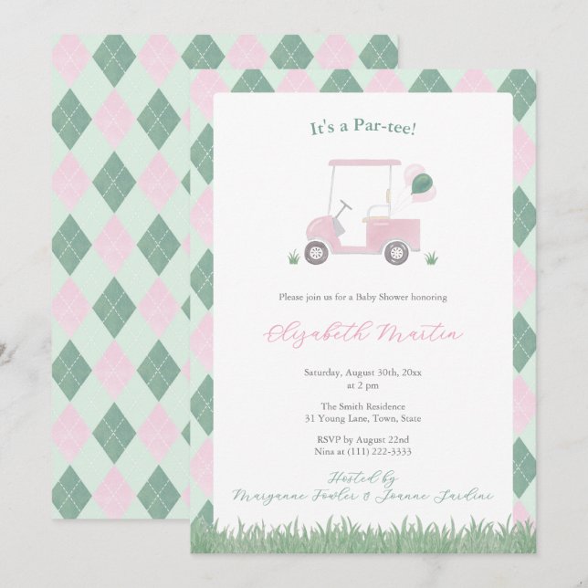 Invitación Chica Dulce Cumpleaños con Tema de Golf Rosa y Ver (Anverso / Reverso)