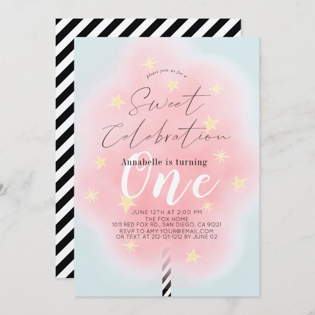 Invitación Chica dulce de algodón rosado 1 cumpleaños (Anverso / Reverso)