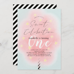Invitación Chica dulce de algodón rosado 1 cumpleaños