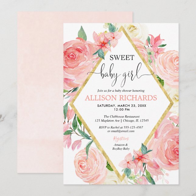 Invitación Chica dulce de color rosa y dorado (Anverso / Reverso)