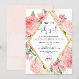 Invitación Chica dulce de color rosa y dorado