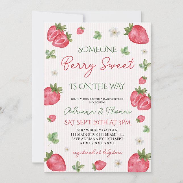 Invitación Chica Dulce Fresa Cumpleaños Baby Shower  (Anverso)