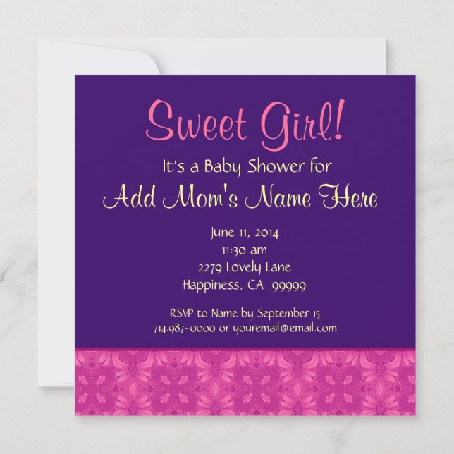 Invitación Chica dulce morado rosado Baby Shower M0915 (Anverso)