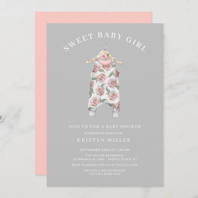 Invitación Chica dulce Rosa Romper Baby Shower (Anverso / Reverso)
