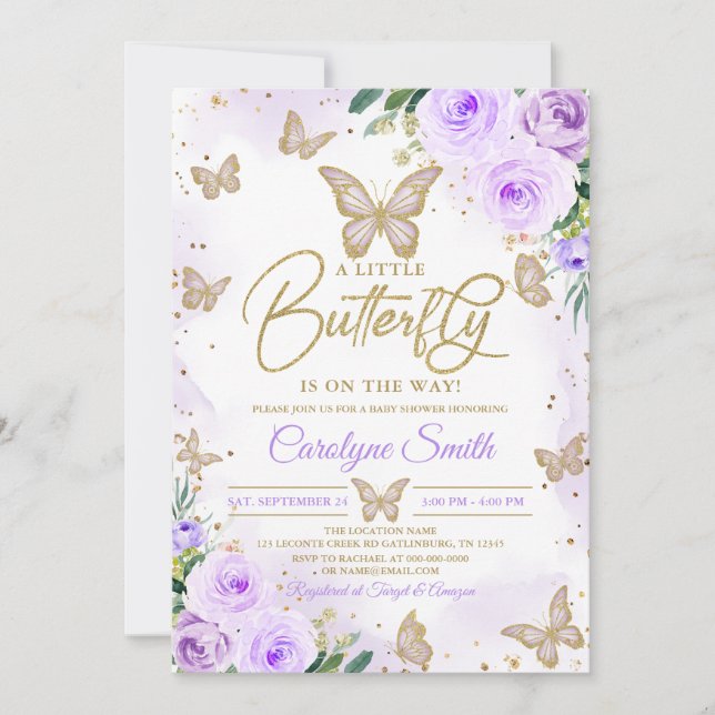 Invitación Chica editable Morple Butterfly Baby Shower (Anverso)