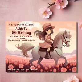Invitación Chica educado montando caballos y flores rosadas C