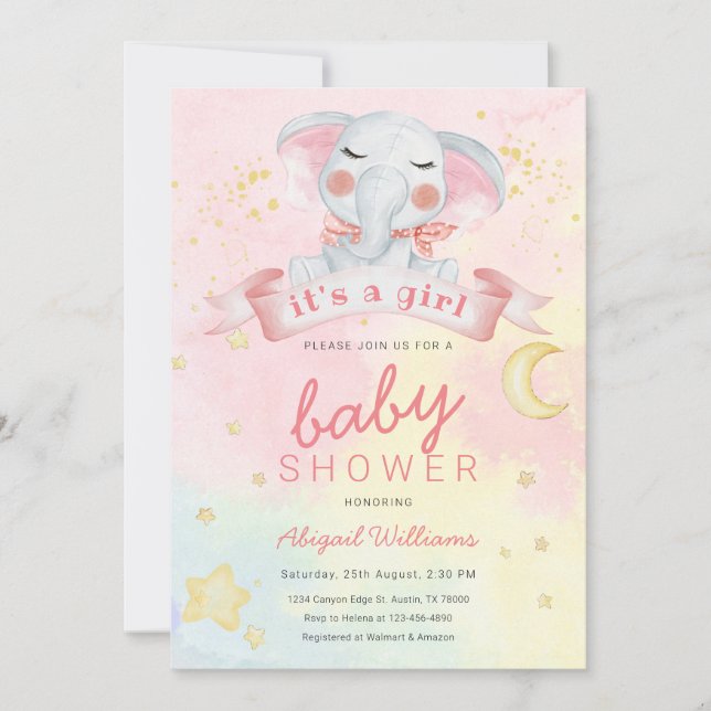 Invitación Chica elefante acuático con estrellas de ducha de  (Anverso)