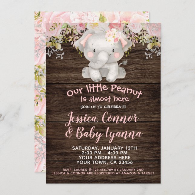 Invitación Chica elefante Baby Shower (Anverso / Reverso)