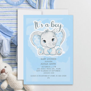 Invitación Chica Elefante Bebé Azul Niño Baby Shower