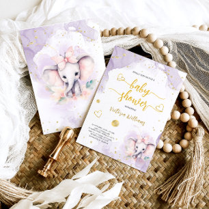 Invitación Chica Elefante con Mariposa Lila Baby Shower