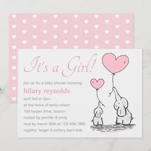 Invitación Chica elefante de globos de corazón rosado (Anverso / Reverso)
