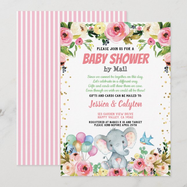 Invitación chica elefante ducha de bebé por correo rosa rosad (Anverso / Reverso)