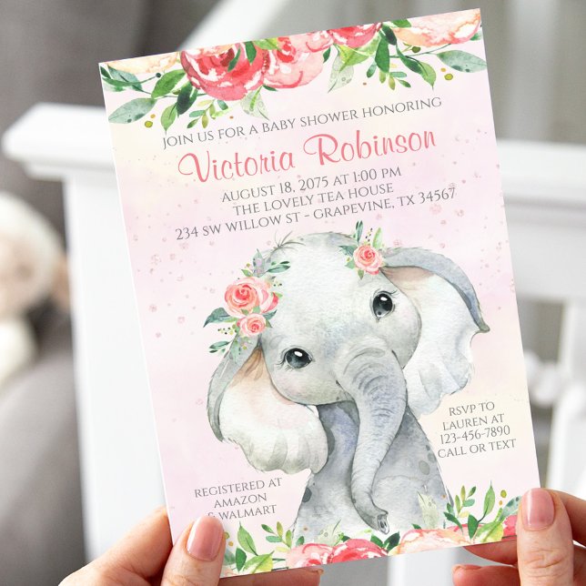Invitación Chica Elefante Floral Baby Shower (Subido por el creador)