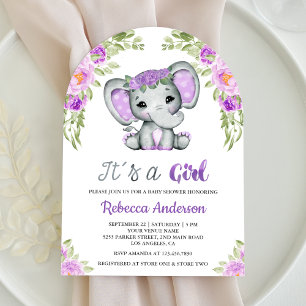 Invitación Chica Elefante Floral Morada Arco Baby Shower