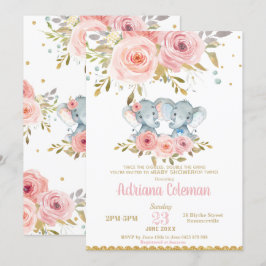 Invitación Chica elefante gemelo Baby Shower Floral rosa
