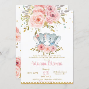 Invitación Chica elefante gemelo Baby Shower Floral rosa