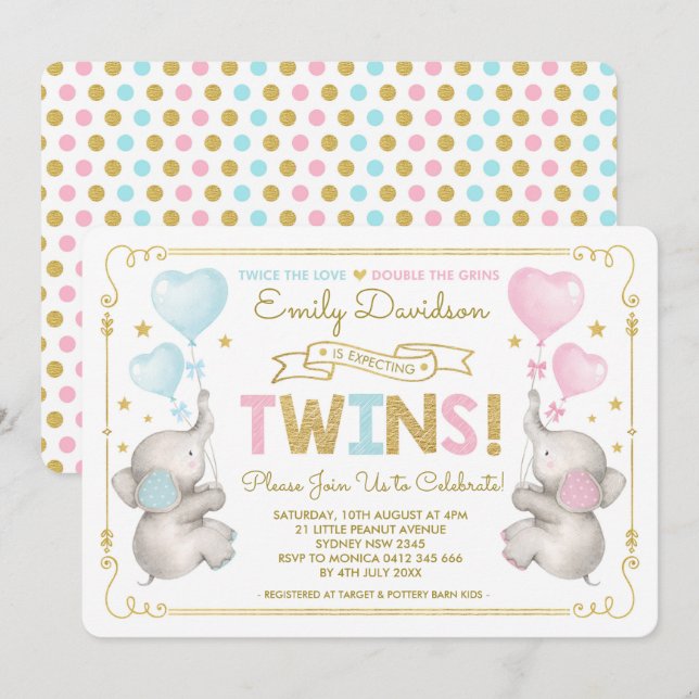 Invitación Chica elefante gemelos Baby Shower Blue Pink Gold  (Anverso / Reverso)