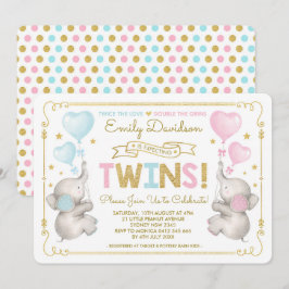 Invitación Chica elefante gemelos Baby Shower Blue Pink Gold 