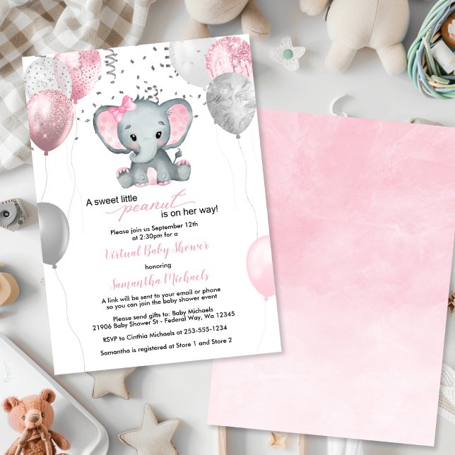 Invitación Chica elefante lindo globos Baby Shower virtual (Cute Elephant Girl Balloons Virtual Baby Shower Invitation
)