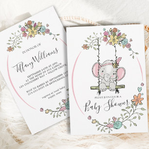 Invitación Chica elefante pequeño lindo Floral Swing Baby Sho