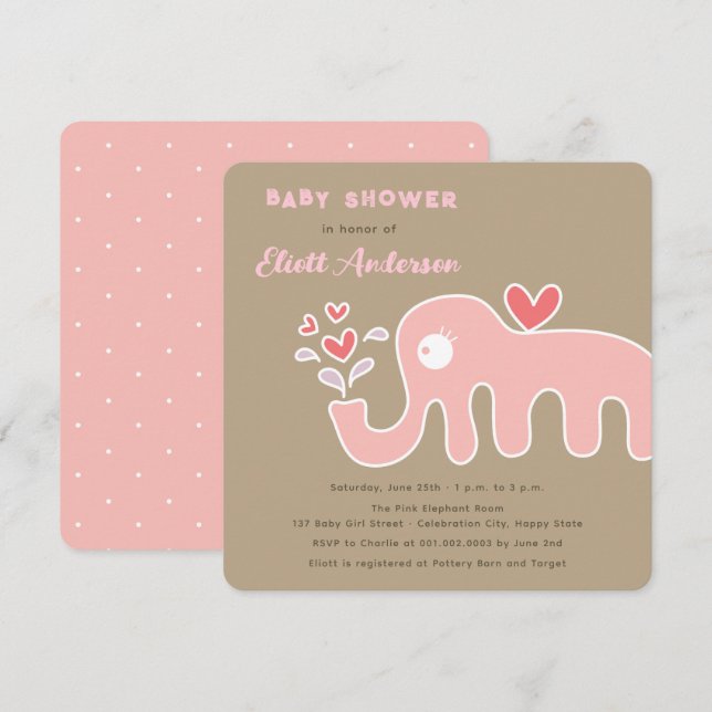 Invitación Chica elefante Personalizado rosa caprichoso Baby  (Anverso / Reverso)