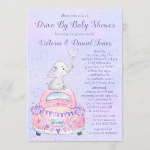 Invitación Chica Elefante Purpura Coche Pasa Por Fiesta de Be