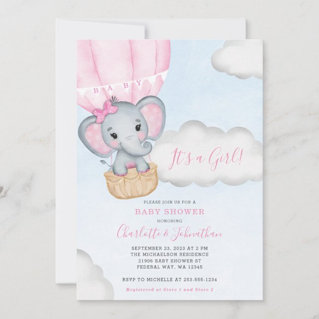 Invitación Chica Elefante Rosa Baby Shower (Anverso)