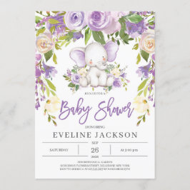 Invitación Chica elefante rubio morado floral ducha de bebé