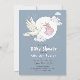 Invitación Chica Elegante Cigüeña Azul Baby Shower