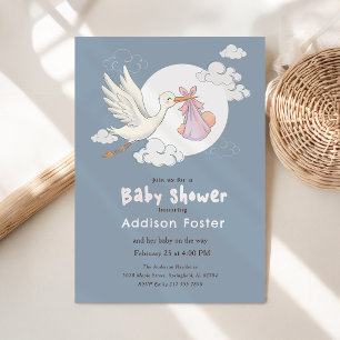 Invitación Chica Elegante Cigüeña Azul Baby Shower