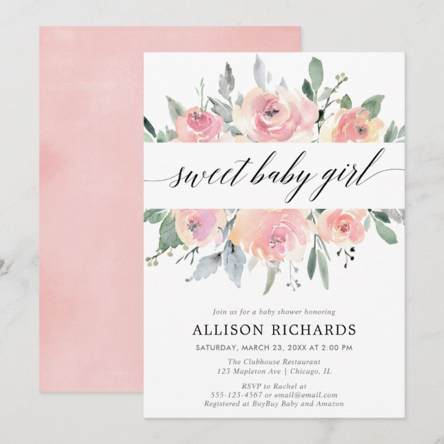 Invitación chica elegante de caligrafía floral Rubor ducha de (Anverso / Reverso)