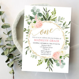 Invitación Chica elegante de oro rosa verde 1º cumpleaños